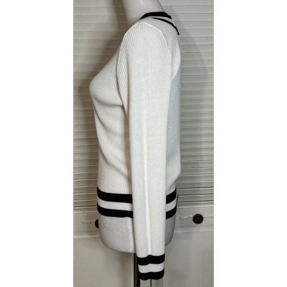 Ribbed‎ Knit Womens White V-Neck Cricket Varsity Long Sleeve Sz M Preppy Sweater - Picture 6 of 8